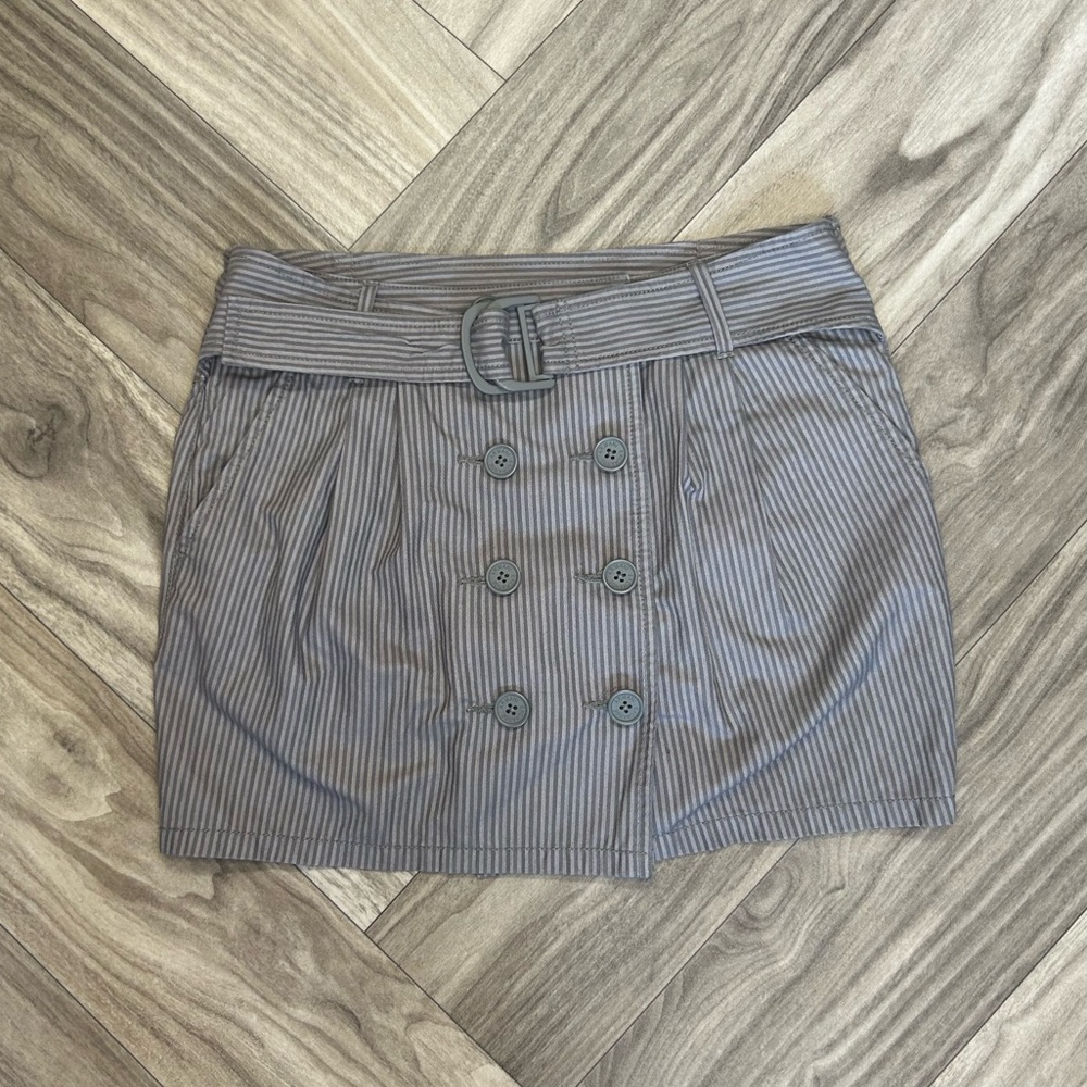 Armani Exchange grey striped mini skirt with chunky buckle and buttons